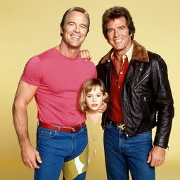 Bruce Bixby as David Banner, Poses with Lee Majors dressed as Steve Austin and Lindsay Wagner as Jamie Sommers for a studio photograph in the Style of Annie Leibovitz, 70s era, Color