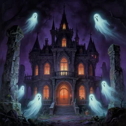 halloween scene of a haunted mansion surrounded by ancient monoliths with glowing ghosts. highly detailed science fiction painting by norman rockwell, frank frazetta, and syd mead. rich colors, high contrast, gloomy atmosphere, dark background. trending on artstation