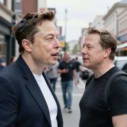 elon musk with a big head, talking to another elon musk, street photo. 4k