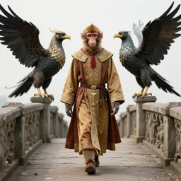 a strange thin monkey - human in regal robes walks toward a griffin on a medieval bridge, dramatic lighting, fluid, smooth, bright, colours, high contrast, sharpness, very detailed, intricate, by moebius, frazetta, giorgio de chirico and klimt