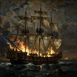baroque painting of a 1 8 th century ship on fire at night. cinematic