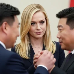 close up shot of alison brie engaging peace talks with kim jong un. photography, photographic