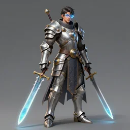 Full body picture, Male Holosmith, DND, D&D, holographic blade!, steampunk-esque!, silver armor, tech glasses, extremely detailed, by WLOP, Rossdraws, genzoman and Frank franzzeta, trending on artstation, artstationHQ, artstationHD, cgsociety, 16K, HD
