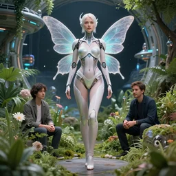 a full body portrait a beautiful cyborg fairy with a perfect body in a garden on a futuristic space station, by Edgar Maxence and Ross Tran and Michael Whelan