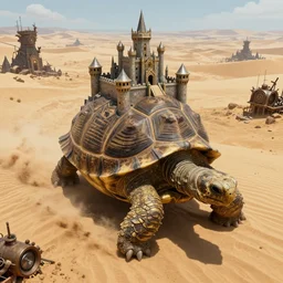 gargantuan tortoise with a large fantasy castle armor walking through a sandy wasteland, inspired by howls moving castle and mortal engines, mid - distant shot centered birds eye view, fantasy, hyper detailed, 4 k