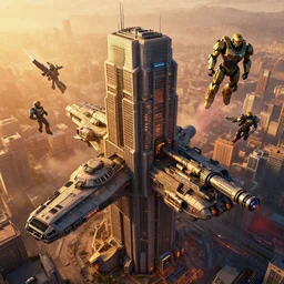 aerial view of a gigantic cyberpunk brutalist building with lights hard surface military hardware digital movie camera shaped spaceship m1 tank pulse rifle plasma rifle floating in the sky, maschinen krieger, ilm, beeple, star citizen halo, edge of tomorrow, mass effect, transformers, elysium, warm saturated colours