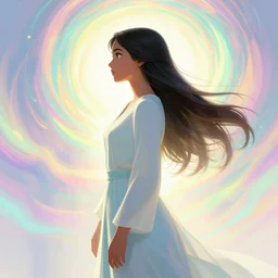 side profile, maya ali, gloomhaven, wind sorcerer, dota, robes, elegant, smooth, bright backlit, colorful swirly magic ripples, pastel colors, by greg rutkowski, jesper ejsing, ilya kuvshinov, artgerm, mucha
