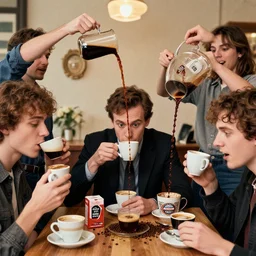 incredible absurd surreal photoshoot advertisement for coffee, people enjoying coffee in the style of tim walker and by denis villeneuve, people pouring coffee on themselves, celebration of coffee products, faces of too much caffeine, vsco film grain