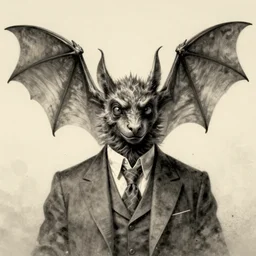 centered detailed portrait of dr moreau, humanoid bat, wearing a suit, art by jean giraud and moebius, grimy texture, realistic, expressive emotions, cream and grey gradient