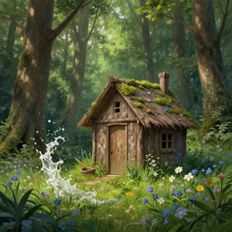 hut in forest spring wild flowers splash art graphic design art, fantasy, highly detailed, art by greg rutkowski