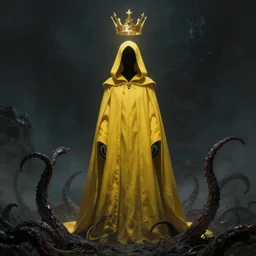 a full body portrait of a mysterious character with no face with a very long hooded yellow cloak, a golden crown floating above his head tentacles coming out the ground art by maciej kuciara, lee griggs and jason chan, ominous, cosmic horror, trending on artstation, ultra detailed, hyper realistic 4 k
