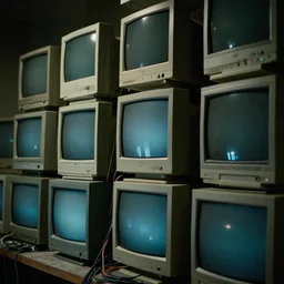 neill blomkamp movie shot, a wall of old crt computer monitors and cables, highly detailed, moody, atmospheric, heavy for, telephoto lens, trending on artstation.