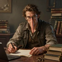 an epic fantasy comic book style portrait painting of man with a long nose wearing glasses sitting behind a desk full of books, unreal 5, daz, hyperrealistic, octane render, cosplay, rpg portrait, dynamic lighting