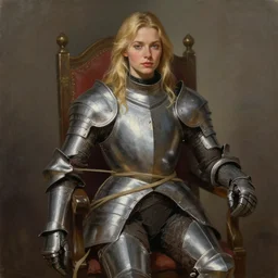 a painting of a blonde female wearing knight's armor tied up in a chair, full view, popular on artstation, artstationhd, artstationhq 8 k, volumetric lighting, trending on artstation, artstationhd, artstationhq, ultra detailed, detailed face, by artgerm and james gurney, greg rutkowski