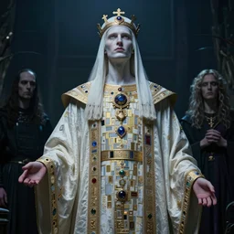 masterpiece portrait androginous cultist male, by artgerm, h. r. giger, edmund leighton, haunting background by zdizslaw beksinski, james jean, elegant ceremonial robe details by gustave klimt, magick, volumetric lighting, porcelain skin, entranced, high detail, hyper photorealism, low angle, trending on artstation 8 k