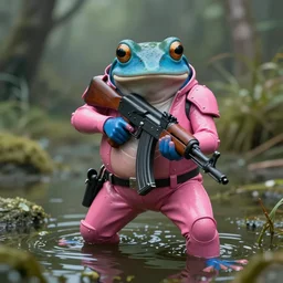 cinematic shot of an anthropomorphic blue frog wearing a pink suit of armor aiming an AK-47 knee-deep in a swamp, very intricate, very detailed, depth of field,