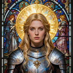 masterpiece head-on symmetrical centered portrait, Elisha Cuthbert as a paladin, Gloomhaven style, medieval era, blonde hair, prismatic golden halo around head, wearing plate armour, elegant, distant, stained glass tarot style, in the style of Edgar Maxence and Ross Tran and Zdzisław Beksiński and Michael Whelan and Mucha and Gustave Doré, specular highlights, 8k, octane render