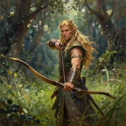 a beautiful painting of an epic fantasy style mystical forest elf man with long blond hair holding a epic longbow in the midst of a grassy meadow, oil painting, Greg Rutkowski, archer, unreal 5, DAZ, hyperrealistic, octane render, RPG portrait, dynamic lighting, fantasy art,