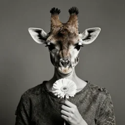 photographic portrait max ernst sad woman giraffe feathers face, holding a flower