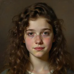 a painting of an young girl, with curly brown hair, a short nose, freckles, and a sad smile, by magali villeneuve