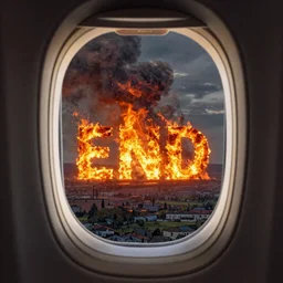 airplane window view, the end of the word, huge fire, matte painting, ilya kuvshinov landscape, very detailed, ArtStation