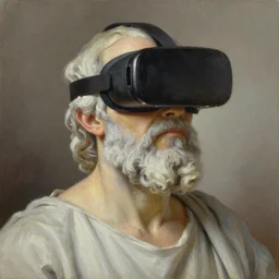 oil painting of socrates wearing a virtual reality headset, virtual reality, virtual reality goggles, vr, virtual reality glasses