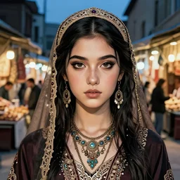 a comic portrait of an gypsy girl in a turkish market at dusk, fine - face, realistic shaded perfect face, fine details, jewelry, night setting. very anime style. realistic shaded lighting poster by ilya kuvshinov katsuhiro, magali villeneuve, artgerm, jeremy lipkin and michael garmash, rob rey and kentaro miura style, trending on art station