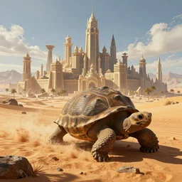 Large Fantasy Cityscape located on the back of a Giant tortoise stomping through the hot sunny desert, High detail, Dungeons and Dragons 4k