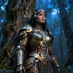 hyperrealistic expressive! middle eastern woman with detailed exoskeleton armor, merging with tree in a forest, digital art masterpiece hannah yata brad kunkle dramatic blue light low angle hd 8k sharp focus