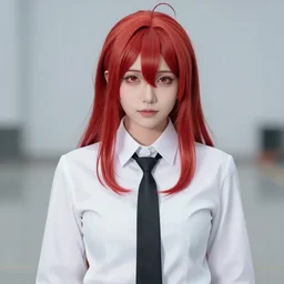 cosplay photo of a woman with red hair wearing a white shirt and tie, trending on cg society, private press, anime aesthetic, booru