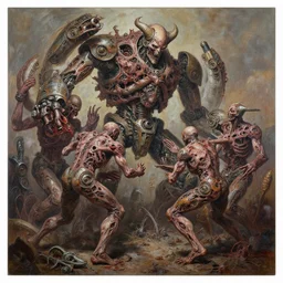 thick acrylic painting on necrotic skin of flayed god machines battling, cluster battle chaos, intricately macerated by age, sentient, dethroned goliath machine, whipping blood turbines, bicornate fungal pit, trash patina sheen rotting, by alberto bontempi, alex ross, shigeru komatsuzaki, wayne d barlowe, alex ross, simon bis