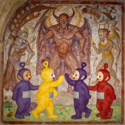 The teletubbies fighting against the Doomslayer in hell, medieval mural, 4k