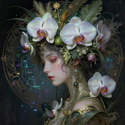 side portrait of the young goddess of iridescent orchids descend into the cyberpunk lights, unusually unique beauty with large elaborate headdress of flowers and plants and vegetables, emotionally evoking symbolic metaphors, head in focus, fantasy, heavily gothic ornamental, intricate, elegant, sensual, highly detailed digital painting, artstation, concept art, painterly, golden ratio, sharp focus, illustration, art by greg rutkowski and alphonse mucha,