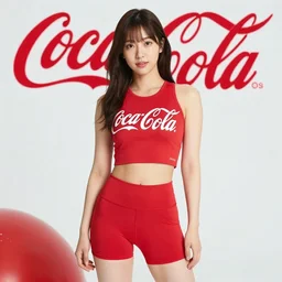suzu Hirose wearing crop red Coca Cola gym top with white Lettering, cropped red yoga short, advertising photograph