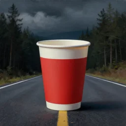 macro shot of white red paper cup standing on empty road!!! forest behind!!, detailed, dark concept art, dark skies painting by wlop, nixeu and greg rutkowski, beautiful, semirealism, artstation, octane render, oil painting, sharpness, 8 k, golden ratio