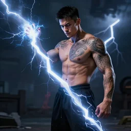tattooed gym bro mage in a lightning storm magic spell vfx, diagonal spell vfx, hearthstone colour style, fantasy game spell icon, fantasy epic digital art, by greg rutkowski