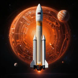 Blue Ariane 6 in space, Orange planet, intricate, SCI-Fi, movie poster, digital art