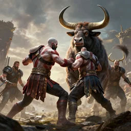 cinematic shot of kratos fighting a minotaur, artgerm, jeremy lipkin and michael garmash, unreal engine, radiant light, digital art, trends at art station, a masterpiece