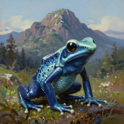 poison dart frog, a single huge mountain in the background, extremely detailed oil painting, unreal 5 render, rhads, sargent and leyendecker, savrasov levitan polenov, bruce pennington, studio ghibli, tim hildebrandt, digital art, landscape painting, octane render, beautiful composition, trending on artstation, award winning photograph, masterpiece