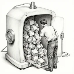 highly detailed fine art fineliner drawing of a man entering a machine. the machine will dissect and package the man into bitesize chunks to be fed to the human wasp hybrid being kept in a cage underwater. bright white paper, jet black ink, no bleeding. no sketch