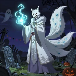 art by yuji ikehata of a foxfolk character, that has a skeletal mouth, and a long albino peacock tail fanned out, also wearing long intricate full body mage robes and casting a powerful glowing spell from hands for necromancy at night in a graveyard that is nongraphic, screenshot, anime, vhs, halloween decorations, spirits, realistic