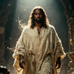 kanye west as jesus in skyrim, saint, holy, splash art, movie still, cinematic lighting, dramatic, octane render, long lens, shallow depth of field, bokeh, anamorphic lens flare, 8 k, hyper detailed, 3 5 mm film grain