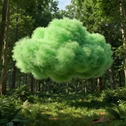 rendering of a green cloud hovering above the ground in a forest,