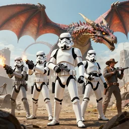 commission of stormtroopers shooting a dragon,digital art,realistic,art by greg rutkowski,ross tran,trevor henderson,photorealistic,hyperdetailed,cinematic shot,western comic style,award winning,professional lighting