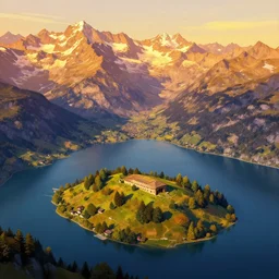 matte painting of beautiful mountain landscape in northern switzerland with an island and bunker, by albert whitlock, amazing details, beautiful composition, vibrant colors, bird eye view, luminescent, warm hue's