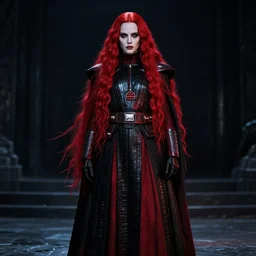 lily - rose depp as sith warrior, determined, powerful, pale makeup, very long flowing bright red wig, wearing black and red imperial sith military robes, full body portrait, centered composition, still from star wars film, 8 k, hypermaximalist, extremely detailed, cinematic, nighttime, dark lighting