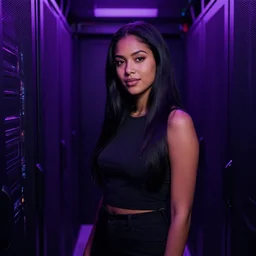 black haired beautiful woman standing in a dark, purple led lighted server room