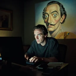 Using Stable Diffusion for the first time and staying up way past your bedtime, man bleary eyed at a computer, film still from the movie directed by Denis Villeneuve with art direction by Salvador Dalí, wide lens