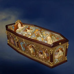 an elaborate floating coffin, evening, fantasy, regal, intricate, by stanley artgerm lau, greg rutkowski, thomas kindkade, alphonse mucha, loish, norman rockwell