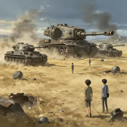 concept art of a dusty field with ruined dieselpunk orcish tanks in the background, bomb craters, smoke, key visual, ambient lighting, highly detailed, digital painting, artstation, concept art, sharp focus, by makoto shinkai and akihiko yoshida and hidari and wlop
